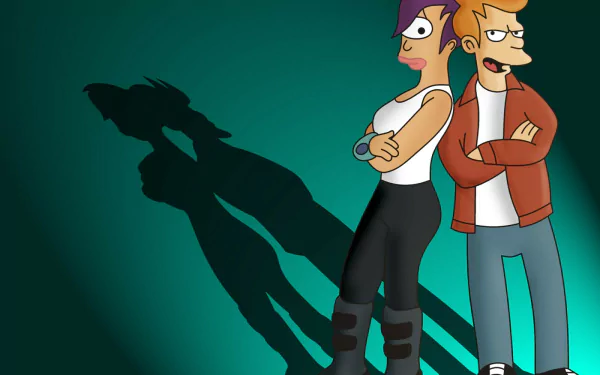 HD PC desktop wallpaper featuring Leela and Fry from the TV show Futurama, standing back-to-back with their shadows cast on a teal background.