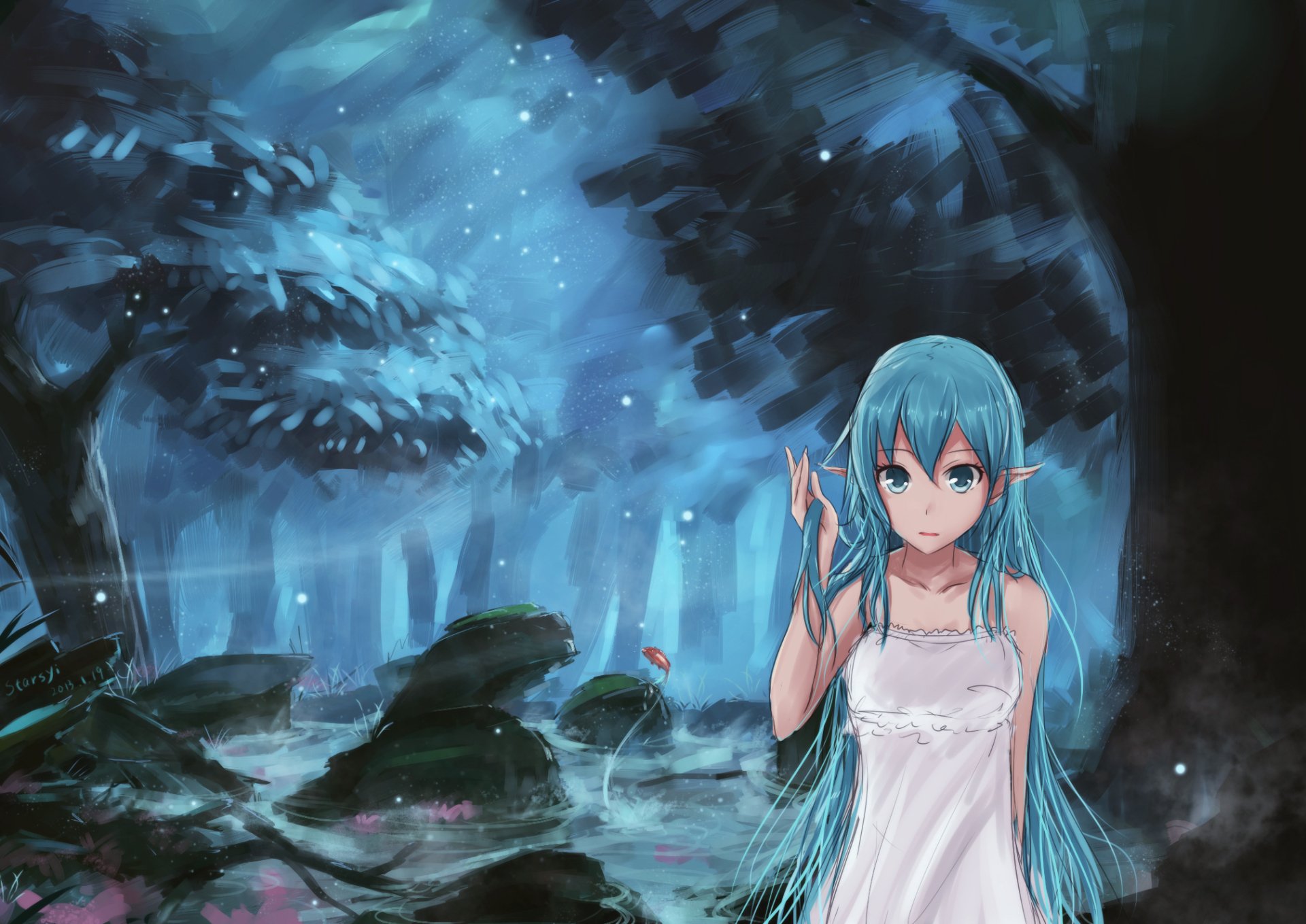 A captivating HD wallpaper featuring Hatsune Miku, the iconic Vocaloid character, set in a mystical forest with vibrant colors and ethereal lighting.
