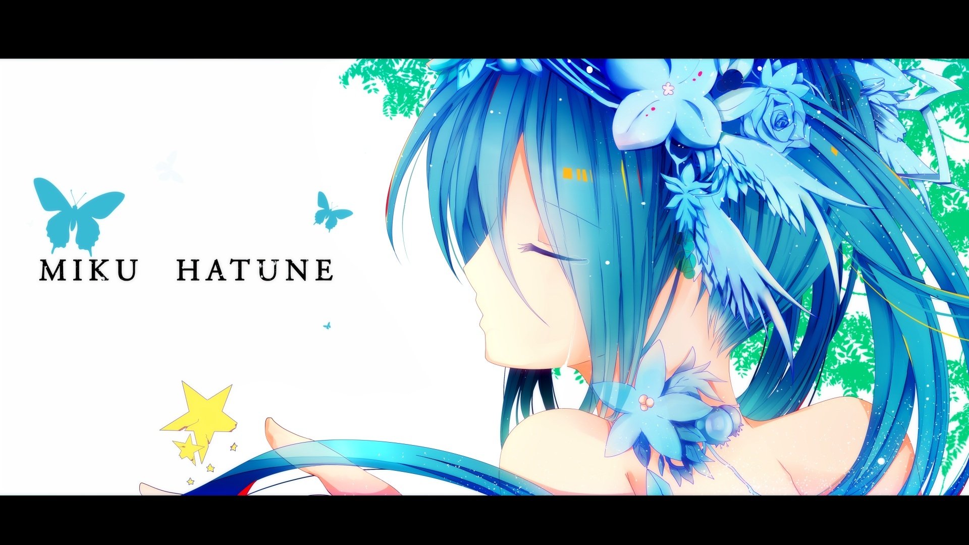 A vibrant HD wallpaper featuring Hatsune Miku, the popular Vocaloid, adorned with flowers and butterflies, showcasing her serene beauty and anime charm.