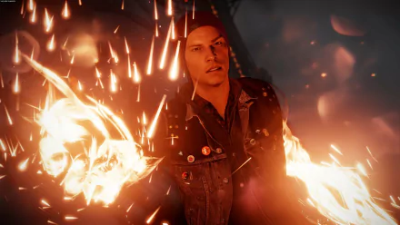 HD PC desktop wallpaper from the video game inFAMOUS: Second Son, featuring a character surrounded by fiery sparks in a dynamic, action-packed scene.