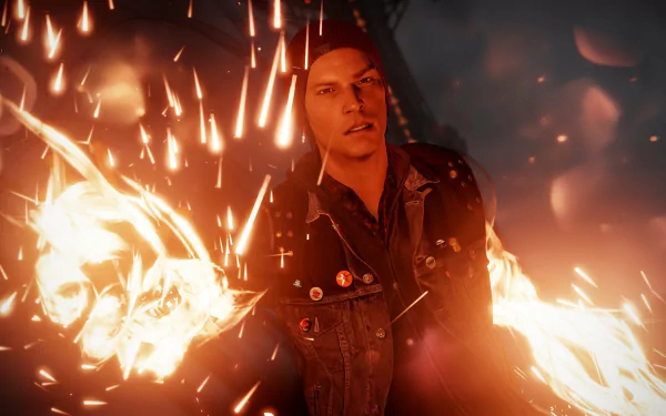 HD PC desktop wallpaper from the video game inFAMOUS: Second Son, featuring a character surrounded by fiery sparks in a dynamic, action-packed scene.