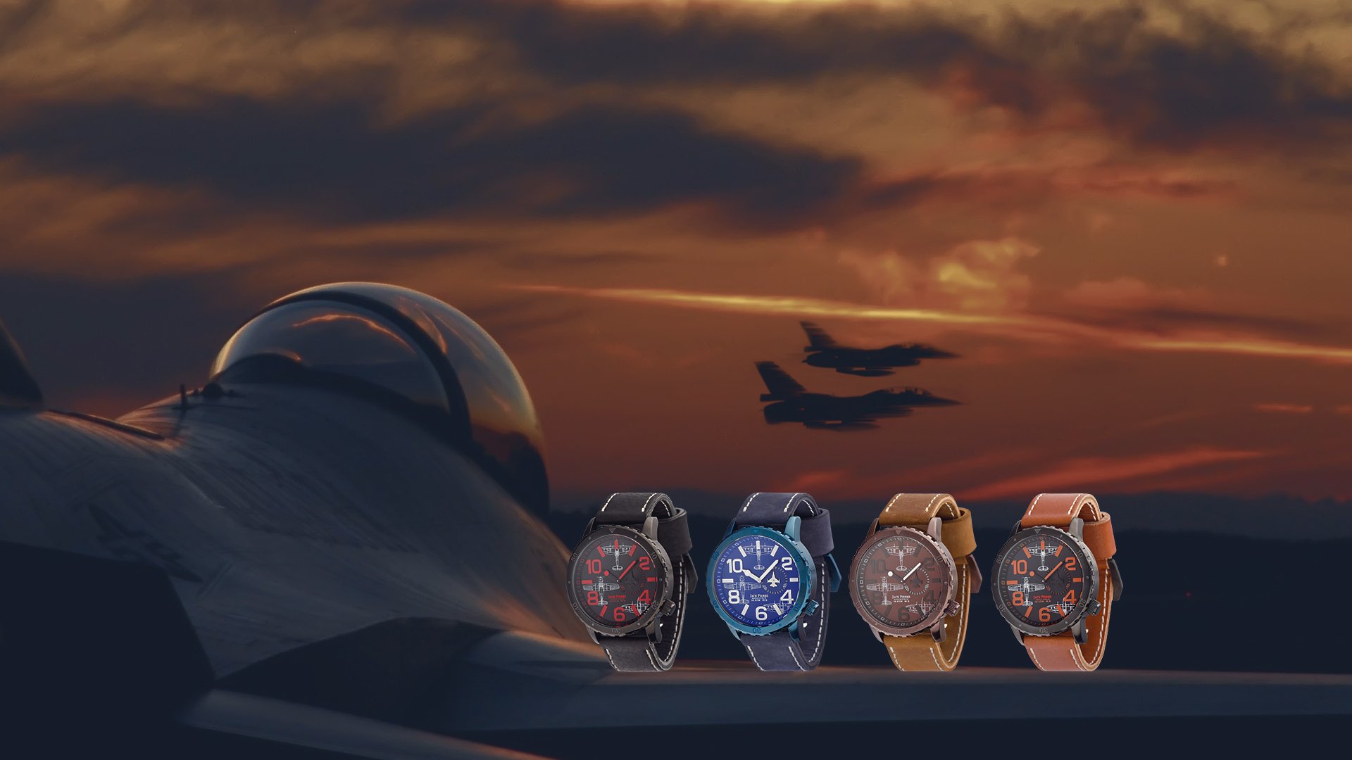 HD PC desktop wallpaper: fighter jets at sunset silhouette with four Jack Pierre man-made watches (saat) lined in foreground, assorted straps and dials.