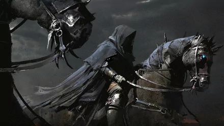 A dark, atmospheric HD wallpaper from The Lord of the Rings, featuring a hooded figure alongside a shadowy horse under a moody sky, capturing the essence of the iconic film series.