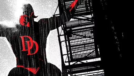 A striking HD desktop wallpaper featuring Matt Murdock as Daredevil, showcasing a dynamic pose against a bold black and white backdrop with red accents.