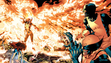 Action-packed Marvel Comics scene featuring Wolverine, Cyclops, Jean Grey as Phoenix, Mystique, and Sabertooth amidst dramatic flames, showcasing the intense world of the X-Men.