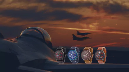 HD PC desktop wallpaper: fighter jets at sunset silhouette with four Jack Pierre man-made watches (saat) lined in foreground, assorted straps and dials.