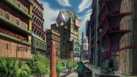 Anime cityscape from Royal Space Force: The Wings of Honneamise — ornate multistory buildings, rooftop panels and lush plants lining a broad street beneath a bright blue sky. HD PC wallpaper.