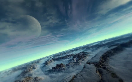 HD PC desktop wallpaper featuring a sci-fi planetscape with a rugged terrain under a cloudy sky and a large planet looming in the distance.