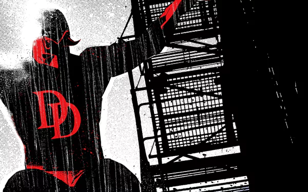 A striking HD desktop wallpaper featuring Matt Murdock as Daredevil, showcasing a dynamic pose against a bold black and white backdrop with red accents.
