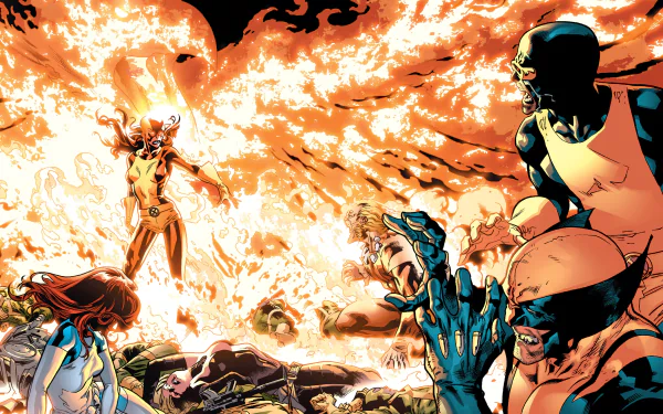 Action-packed Marvel Comics scene featuring Wolverine, Cyclops, Jean Grey as Phoenix, Mystique, and Sabertooth amidst dramatic flames, showcasing the intense world of the X-Men.