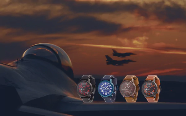 HD PC desktop wallpaper: fighter jets at sunset silhouette with four Jack Pierre man-made watches (saat) lined in foreground, assorted straps and dials.