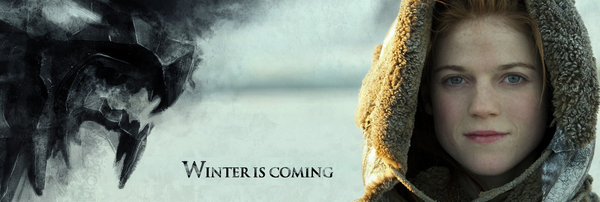HD desktop wallpaper featuring Ygritte, portrayed by Rose Leslie, from the TV show Game of Thrones, with the iconic phrase Winter is Coming and a cold, snowy background.
