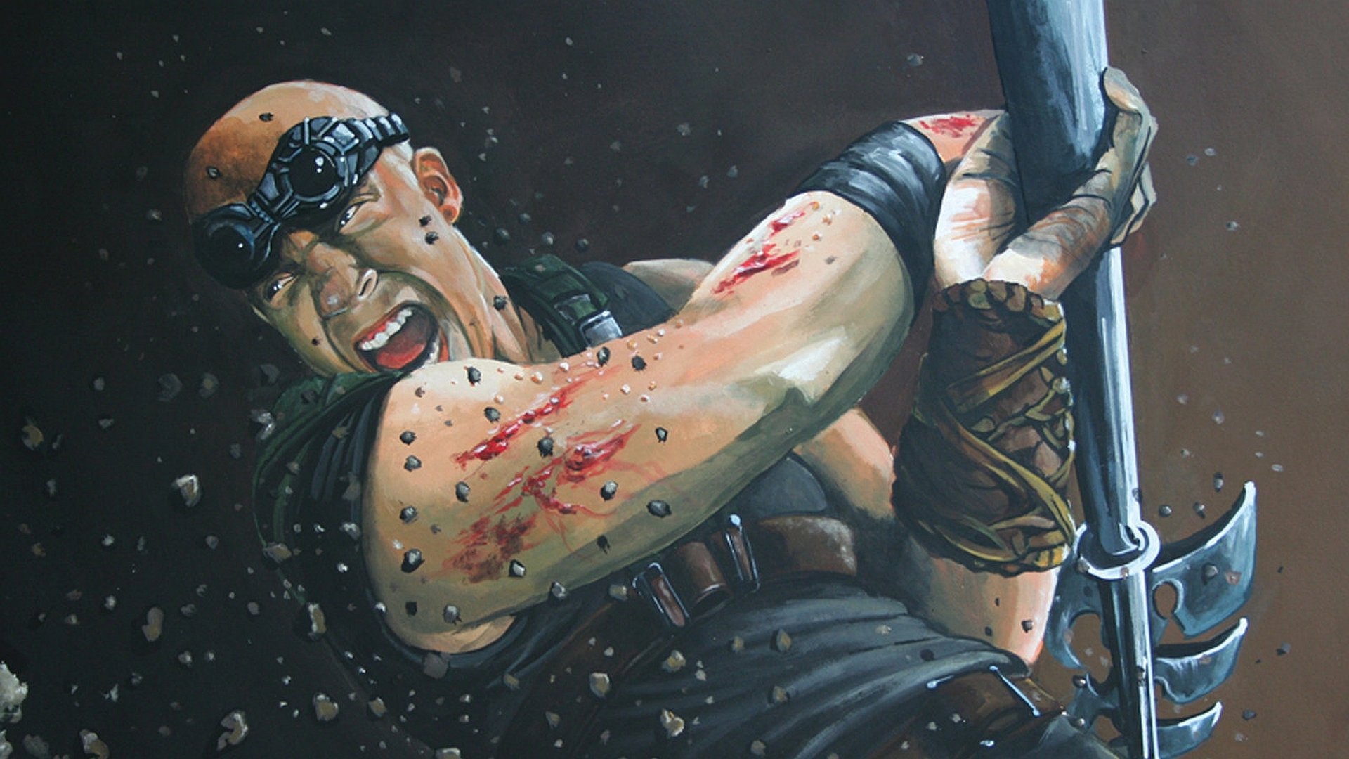 HD PC desktop wallpaper of Riddick from the movie The Chronicles of Riddick: bloodied, goggled antihero snarling as he swings a heavy blade amid flying debris on a dark background.