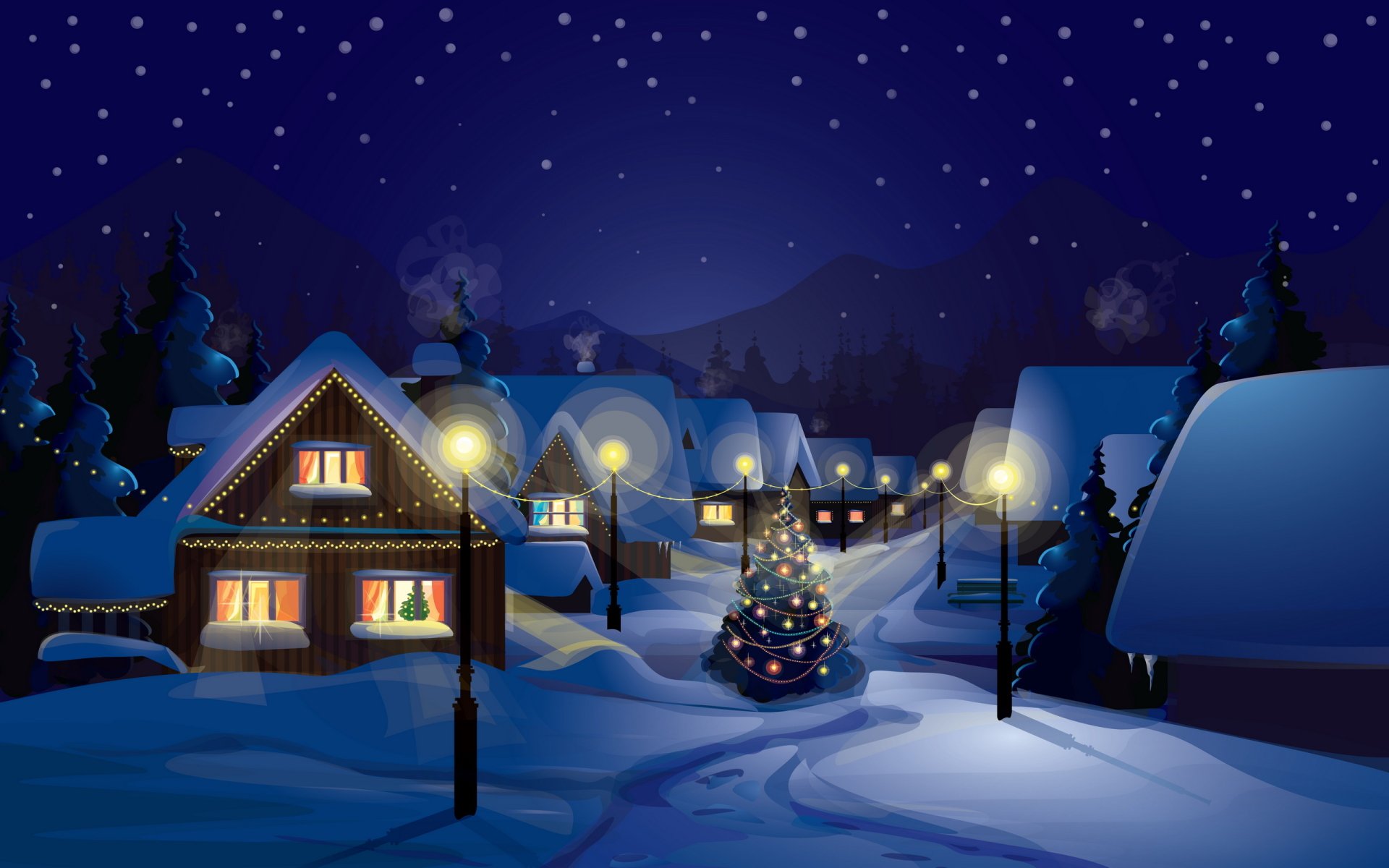 A serene winter scene featuring a beautifully decorated Christmas tree amidst snow-covered houses, illuminated by twinkling Christmas lights, set against a starry night sky.