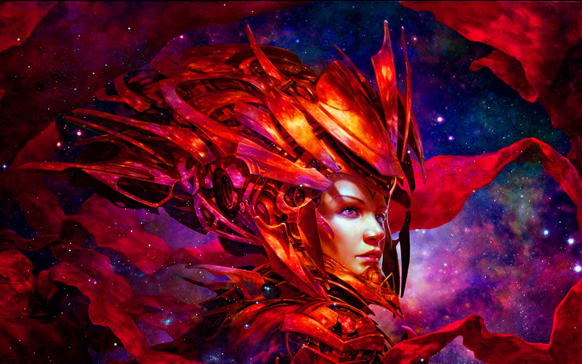 Artistic HD desktop wallpaper featuring a woman in an elaborate red armor set against a vibrant cosmic background.