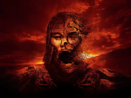 A dramatic HD wallpaper from The Mummy: Tomb of the Dragon Emperor, featuring a ghostly warrior with a fragmented face, set against a fiery red sky.