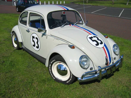 HD desktop wallpaper featuring a classic white Volkswagen Beetle with racing stripes and number 53, parked on grass near a paved road.
