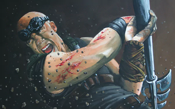 HD PC desktop wallpaper of Riddick from the movie The Chronicles of Riddick: bloodied, goggled antihero snarling as he swings a heavy blade amid flying debris on a dark background.