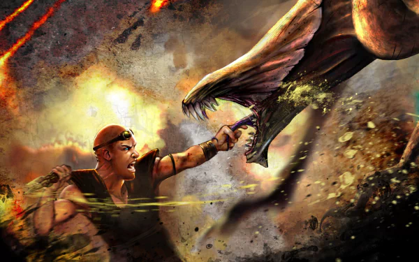 Riddick from the movie The Chronicles of Riddick lunges at a snarling alien beast amid fiery debris — 4K Ultra HD PC desktop wallpaper/background.