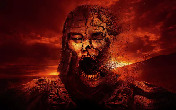 A dramatic HD wallpaper from The Mummy: Tomb of the Dragon Emperor, featuring a ghostly warrior with a fragmented face, set against a fiery red sky.