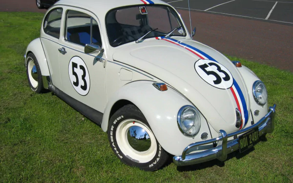 HD desktop wallpaper featuring a classic white Volkswagen Beetle with racing stripes and number 53, parked on grass near a paved road.
