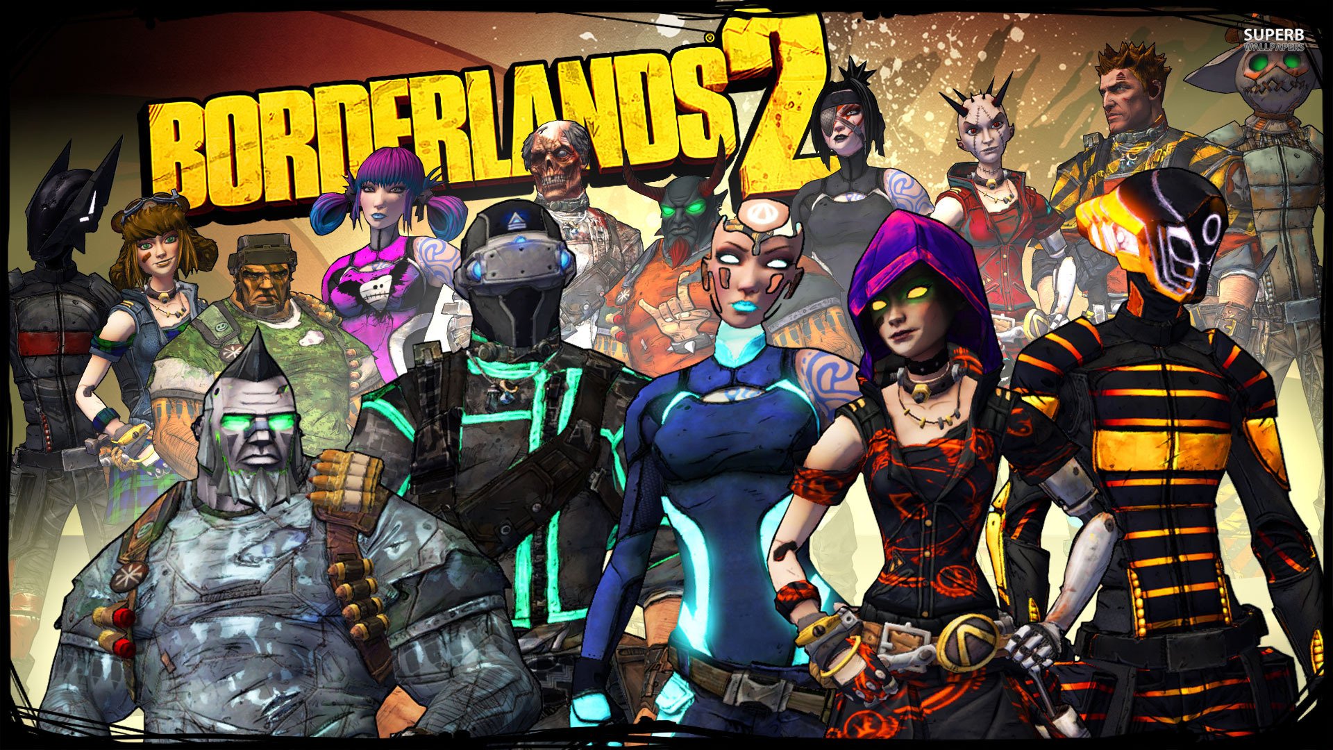 HD PC desktop wallpaper featuring a vibrant cast of characters from the video game Borderlands 2 against a dynamic, stylized background.