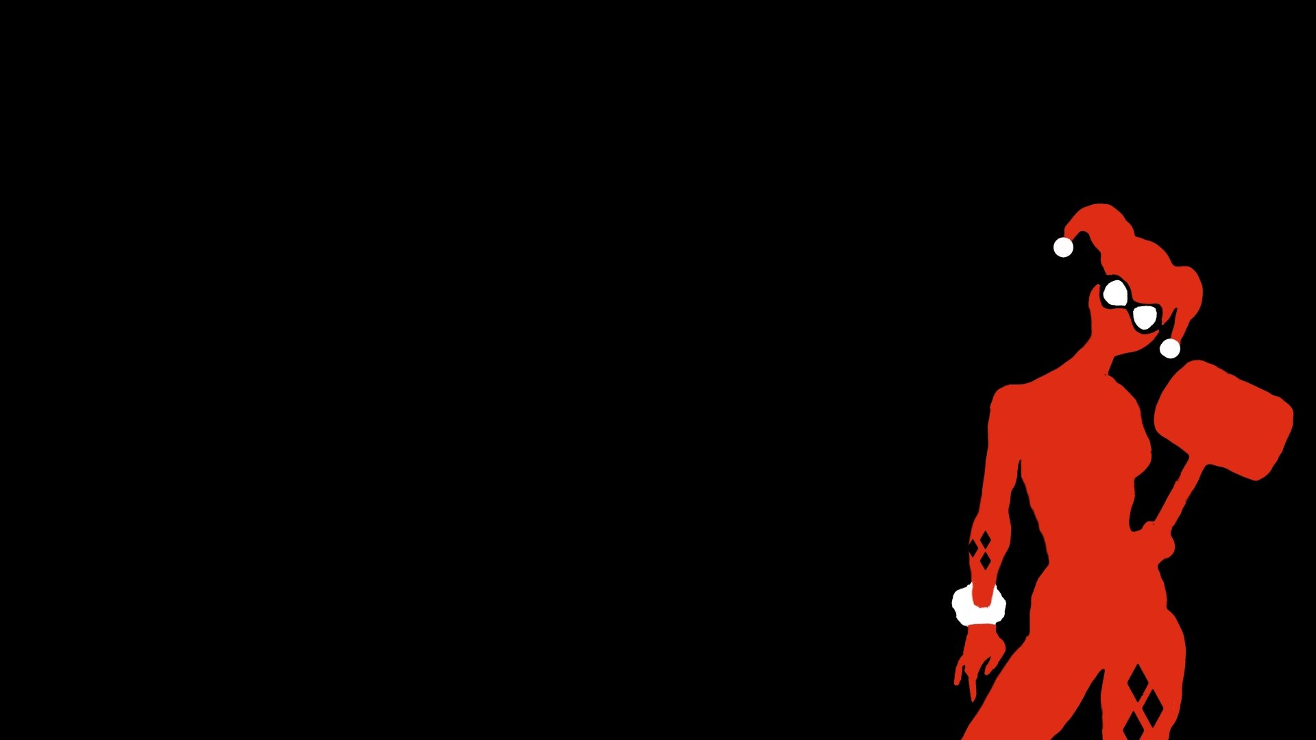 Comic-style silhouette of Harley Quinn in red with her iconic hammer, designed as a 4K Ultra HD PC desktop wallpaper and background on a black backdrop.