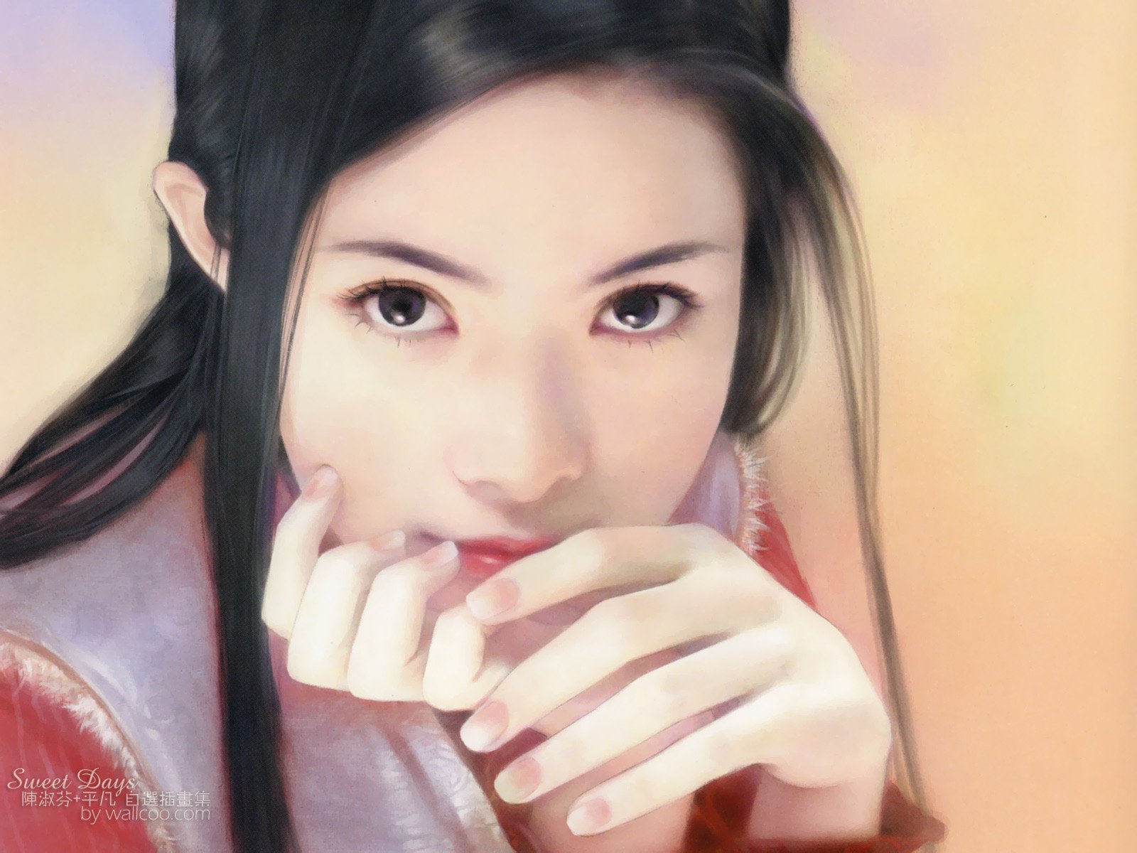 HD desktop wallpaper featuring a close-up portrait of a Korean woman with a soft, serene expression and delicate hand gesture.