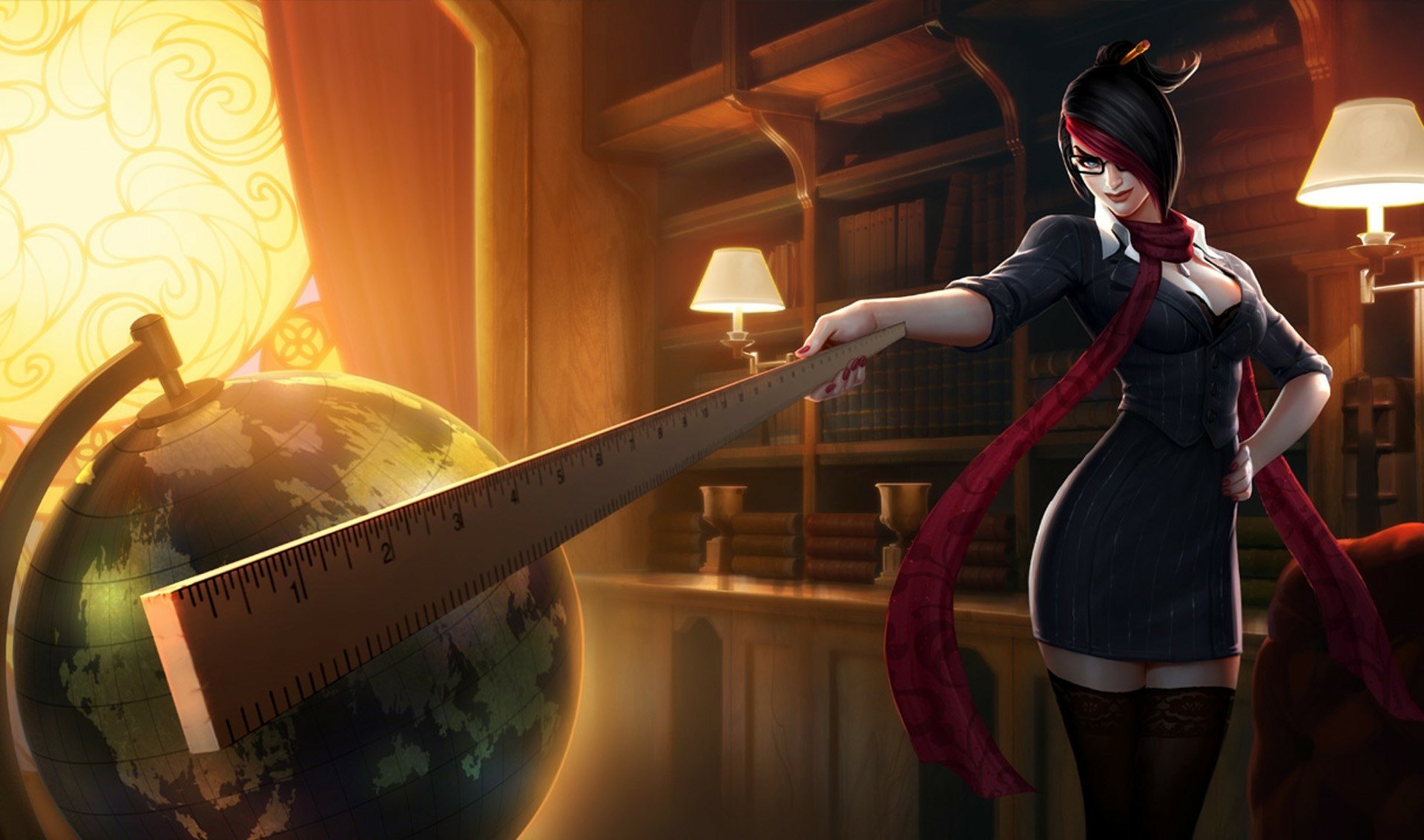 HD desktop wallpaper featuring Fiora from League of Legends, depicted in a sophisticated outfit while strategically touching a large globe with her sword.