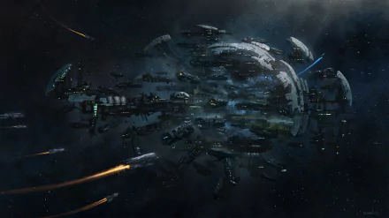 A stunning HD desktop wallpaper featuring a dynamic scene from the video game Star Citizen, showcasing a fleet of spacecraft navigating a vibrant cosmic landscape.