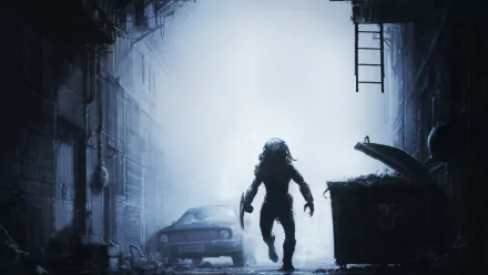 HD PC desktop wallpaper featuring a sci-fi scene with a Predator silhouette standing in a dimly lit urban alley, evoking suspense and otherworldly menace.