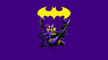 4K Ultra HD comic-style wallpaper featuring Batgirl in dynamic pose with a large yellow bat symbol against a vibrant purple background.
