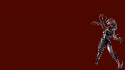 8K Ultra HD PC desktop wallpaper for the Resident Evil video game: deep crimson background with a twisted, armored bio-organic creature positioned at the right edge.