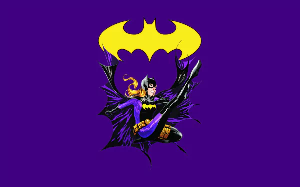 4K Ultra HD comic-style wallpaper featuring Batgirl in dynamic pose with a large yellow bat symbol against a vibrant purple background.