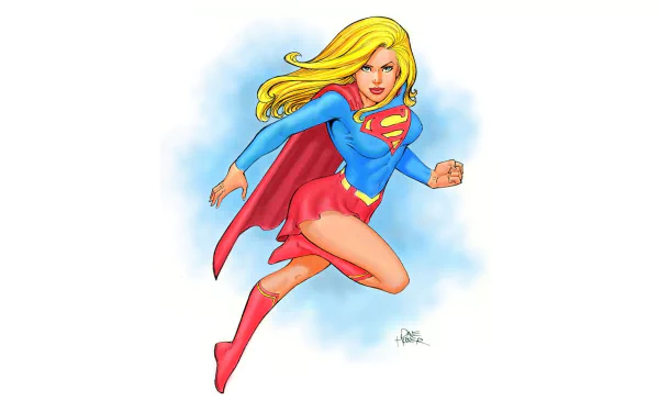 A dynamic HD desktop wallpaper featuring Supergirl, depicted in her iconic blue and red costume, soaring against a soft cloud background with her flowing blonde hair.
