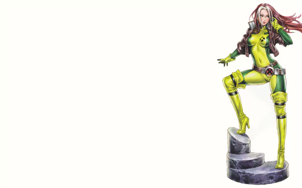 Rogue (Marvel Comics) in a green-yellow combat suit, standing on stone steps at right against white space — 5K Ultra HD PC desktop wallpaper/background.