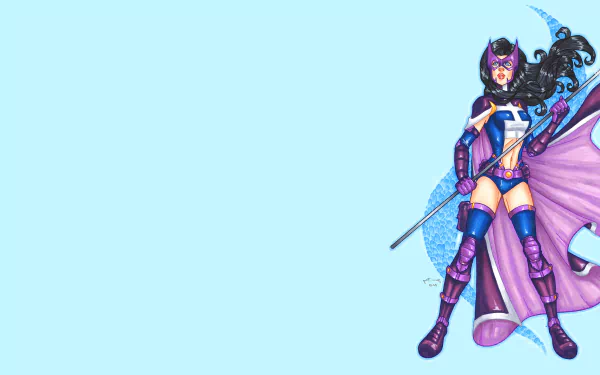 A vibrant HD wallpaper featuring Huntress from DC Comics, depicted as a fierce hunter in her iconic costume, set against a soft blue background.