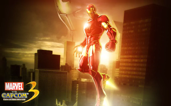 Iron Man in a dynamic pose over a cityscape, featured in 4K Ultra HD from the video game Marvel vs. Capcom 3: Fate of Two Worlds.