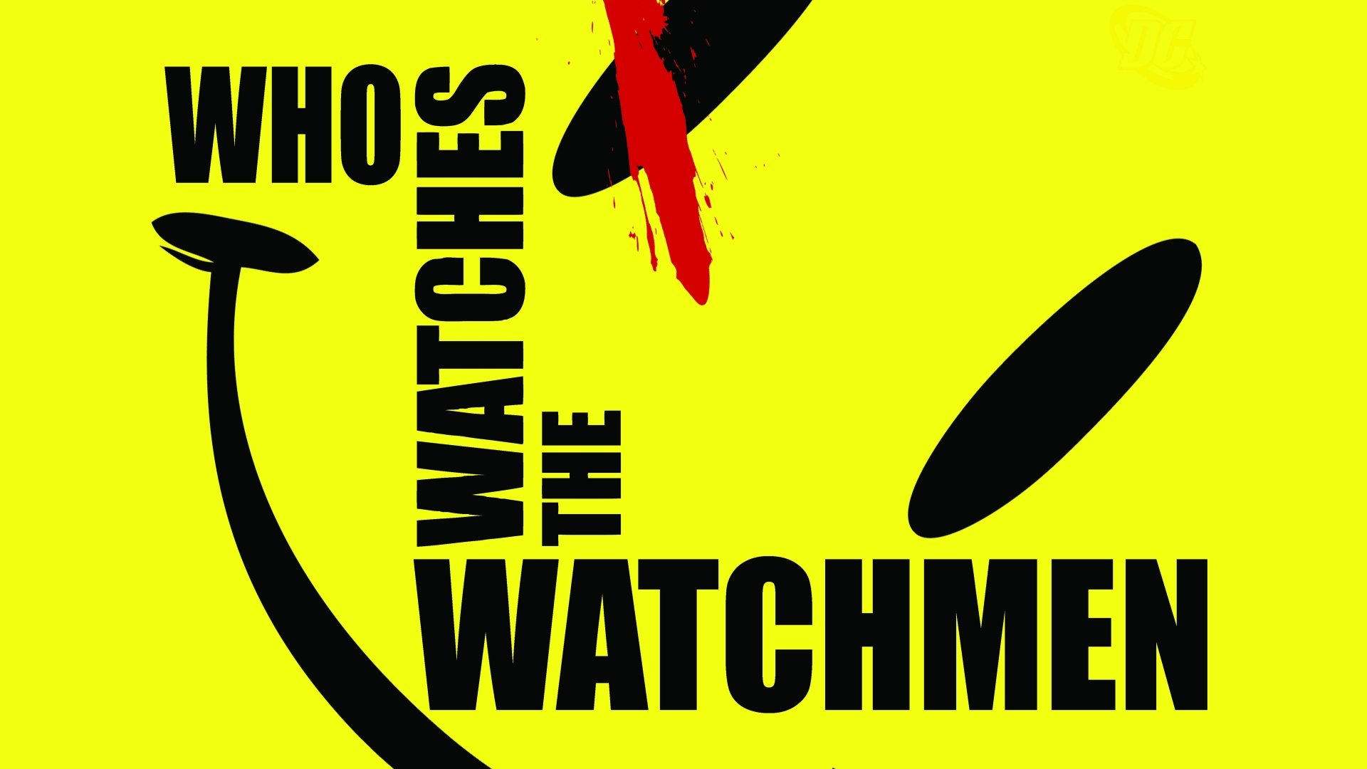 Bold yellow Watchmen comic wallpaper: blood-splattered smiley face and bold black text reading WHO WATCHES THE WATCHMEN — 5K Ultra HD PC desktop background.