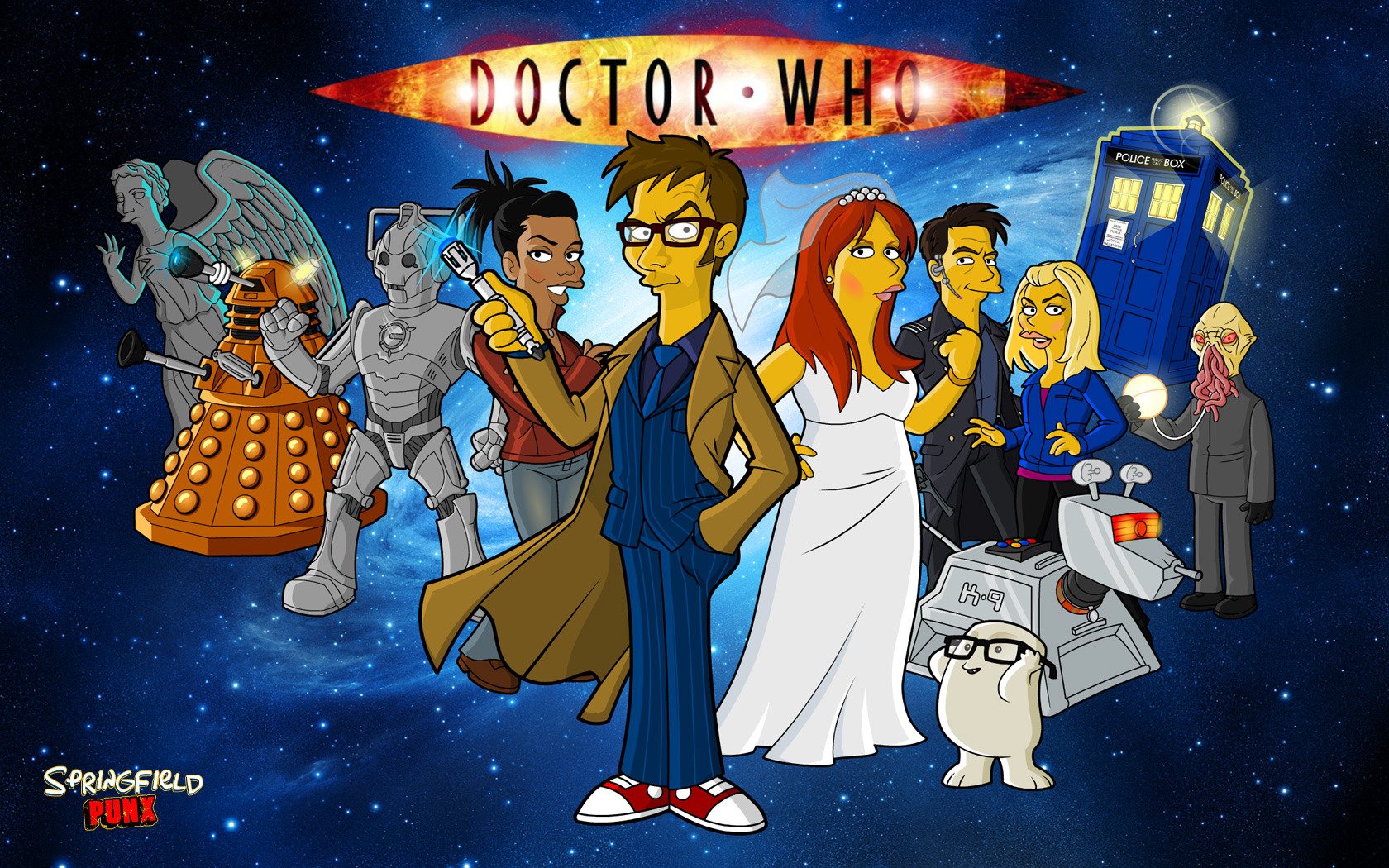 HD PC desktop wallpaper featuring The Simpsons characters dressed as Doctor Who figures, with iconic sci-fi elements like the TARDIS and Daleks in the background.