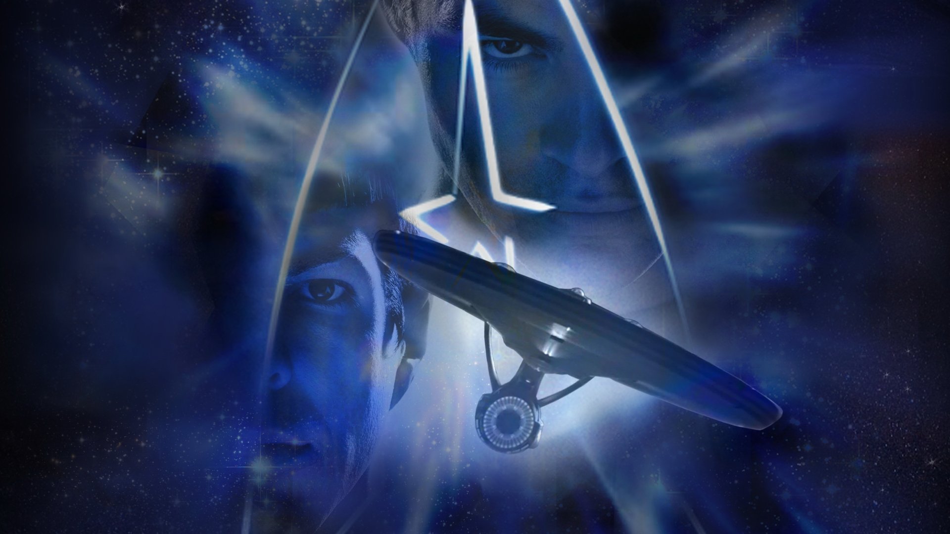 Star Trek Into Darkness 2K Quad HD PC desktop wallpaper and background: silhouetted USS Enterprise over a blue cosmic nebula, with ghostly crew faces and a glowing Starfleet delta.