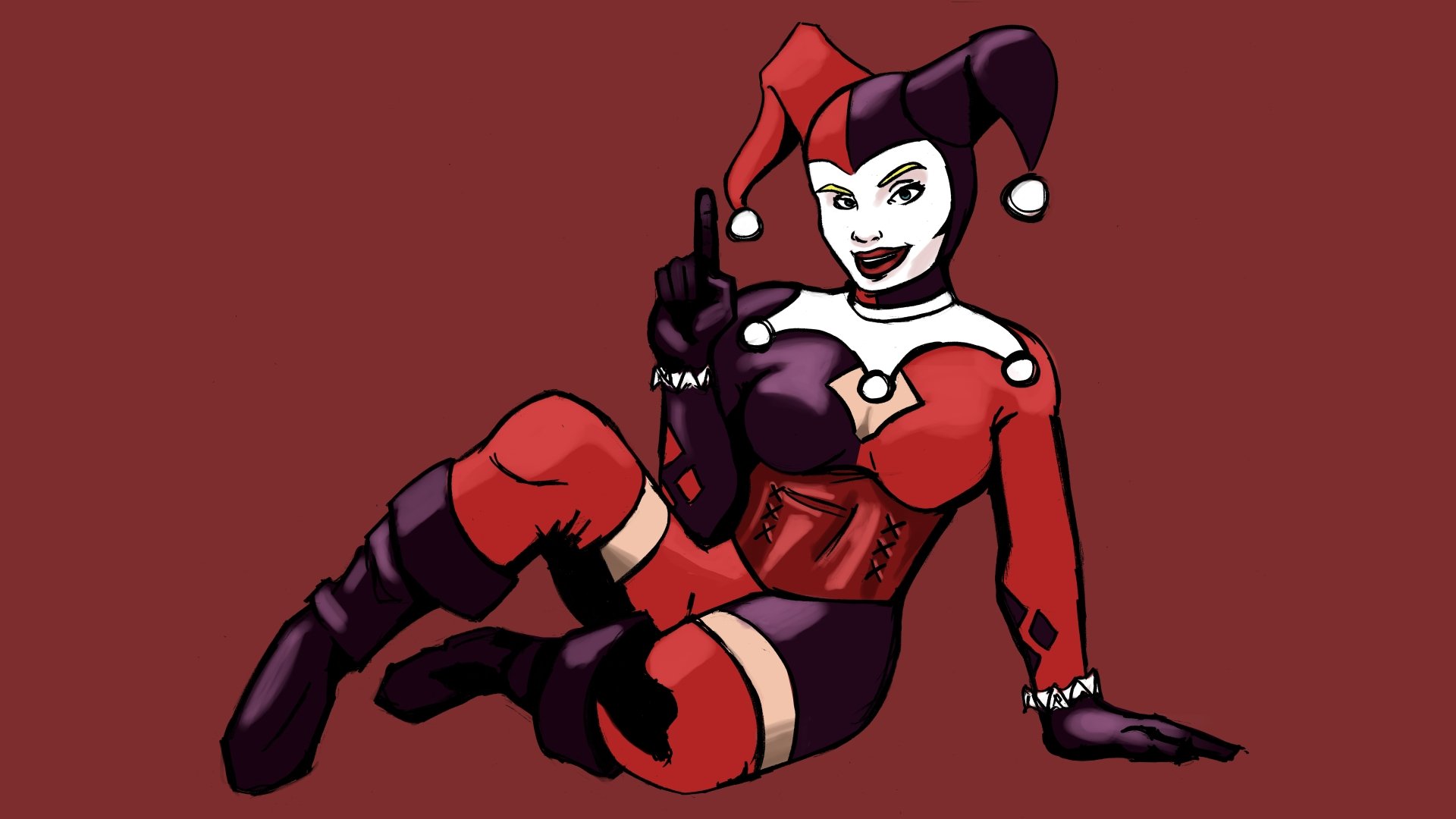 Comic-style Harley Quinn in a red-and-black jester outfit reclining on a burgundy background, grinning and pointing — 8K Ultra HD PC desktop wallpaper/background.
