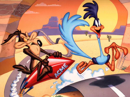 Wile E. Coyote chases The Road Runner in this vibrant Looney Tunes HD desktop wallpaper, capturing the iconic duo in a desert backdrop.