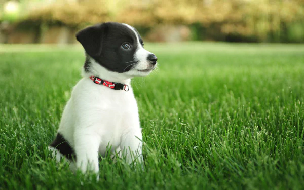 HD desktop wallpaper featuring a black and white puppy with a red collar sitting on green grass.
