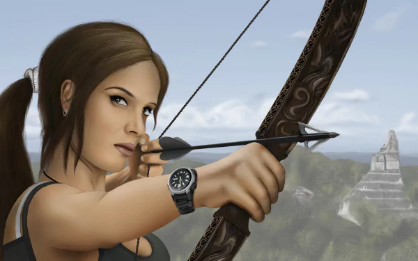 5K Ultra HD PC desktop wallpaper of video game heroine Lara Croft (Tomb Raider) aiming a drawn bow, misty jungle and pyramid ruins in the background.