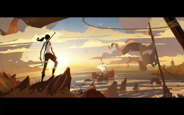 8K Ultra HD PC desktop wallpaper: Lara Croft (Tomb Raider) stands on rocky cliffs at sunset, overlooking ships, windswept banners and a vast coastal landscape.