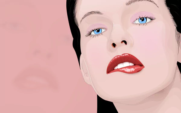 Stylized 4K Ultra HD PC desktop wallpaper: close-up pop-art portrait of a female celebrity with pale skin, blue eyes and glossy red lips against a soft pink background.