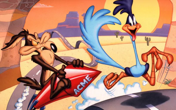Wile E. Coyote chases The Road Runner in this vibrant Looney Tunes HD desktop wallpaper, capturing the iconic duo in a desert backdrop.