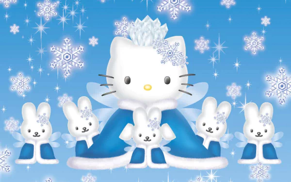 HD anime-style desktop wallpaper featuring Hello Kitty dressed in a blue outfit, surrounded by small white bunnies and falling snowflakes on a blue background.