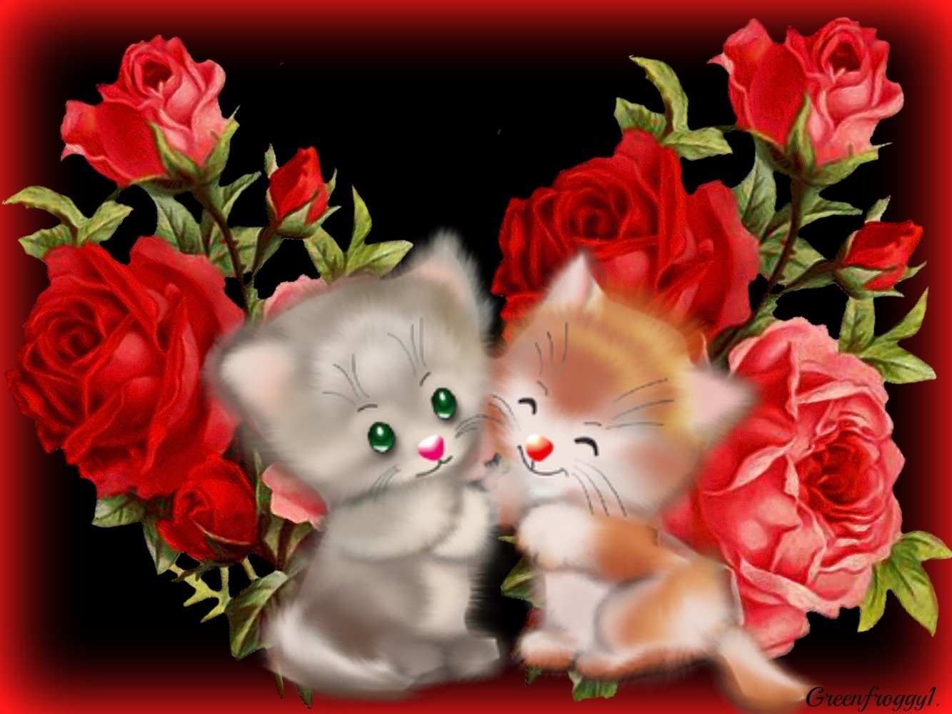 HD PC desktop wallpaper featuring two cute animated cats cuddling in front of vibrant red and pink roses on a black background.